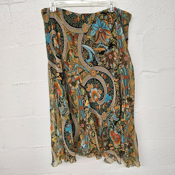 VTG Forest Fairy Midi Skirt Size 18/20 Chiffon Sheer Fall Brown Teal - Picture 3 of 8